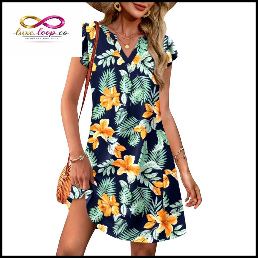 Knee-Length‎ Casual V-Neck Ruffle Sleeve Dress with Pockets Loose Fit